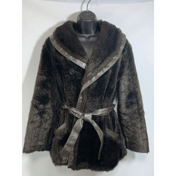 Jackets & Blazers - Vintage Women’s Faux Fur Leather Tie Front Shawl Coat Brown Size Medium